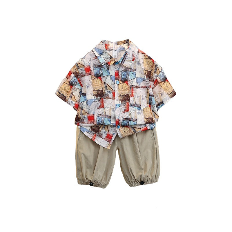 Boys Blue Abstract Printed Pure Cotton Shirt With Joggers