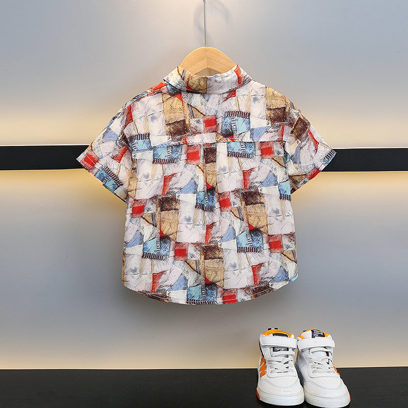 Boys Blue Abstract Printed Pure Cotton Shirt With Joggers