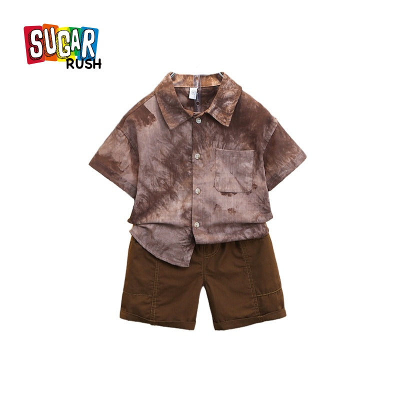 Boys Brown Printed Spread Collar Pure Cotton Shirt With Shorts