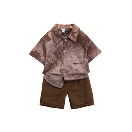 Boys Brown Printed Spread Collar Pure Cotton Shirt With Shorts