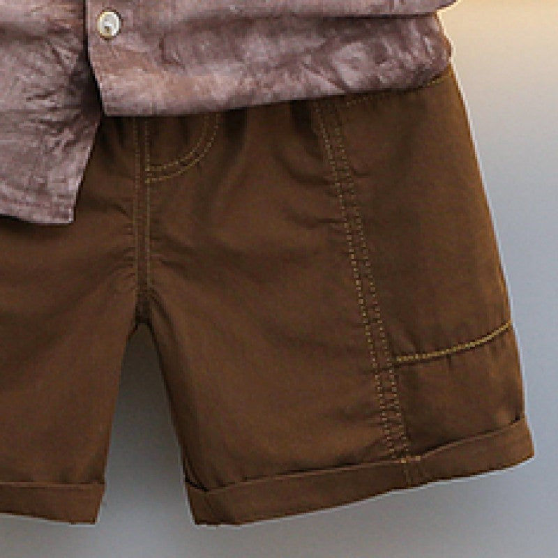 Boys Brown Printed Spread Collar Pure Cotton Shirt With Shorts