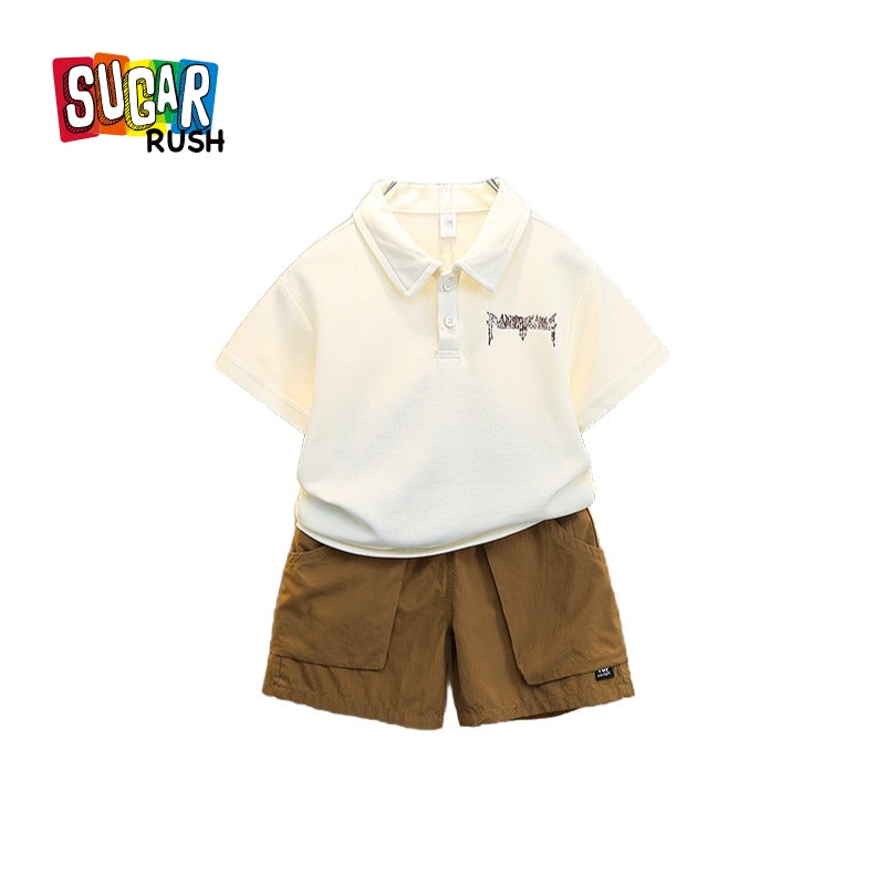 Boys Cream Coloured Printed Polo Collar T-shirt with Shorts