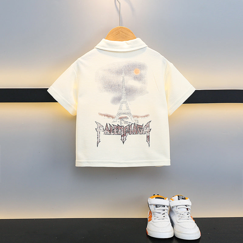 Boys Cream Coloured Printed Polo Collar T-shirt with Shorts