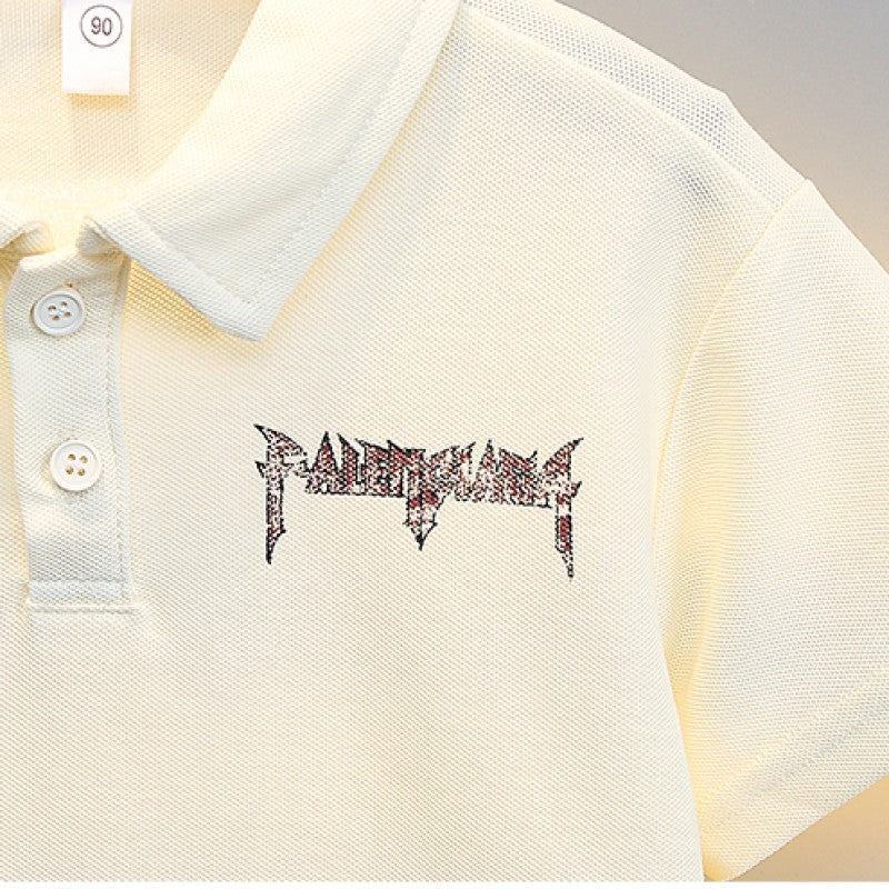 Boys Cream Coloured Printed Polo Collar T-shirt with Shorts