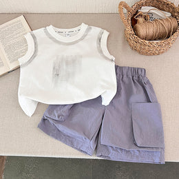 Kids Printed Sleeveless Pure Cotton T-shirt With Shorts