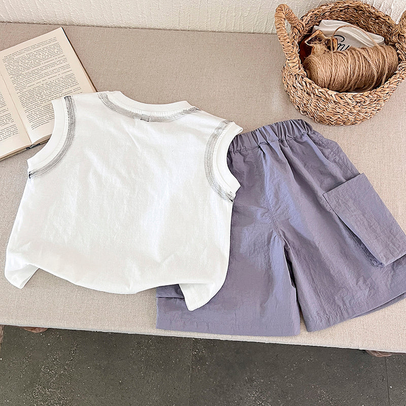 Kids Printed Sleeveless Pure Cotton T-shirt With Shorts