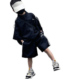 Boys Black & White High Neck Striped Shirt with Shorts