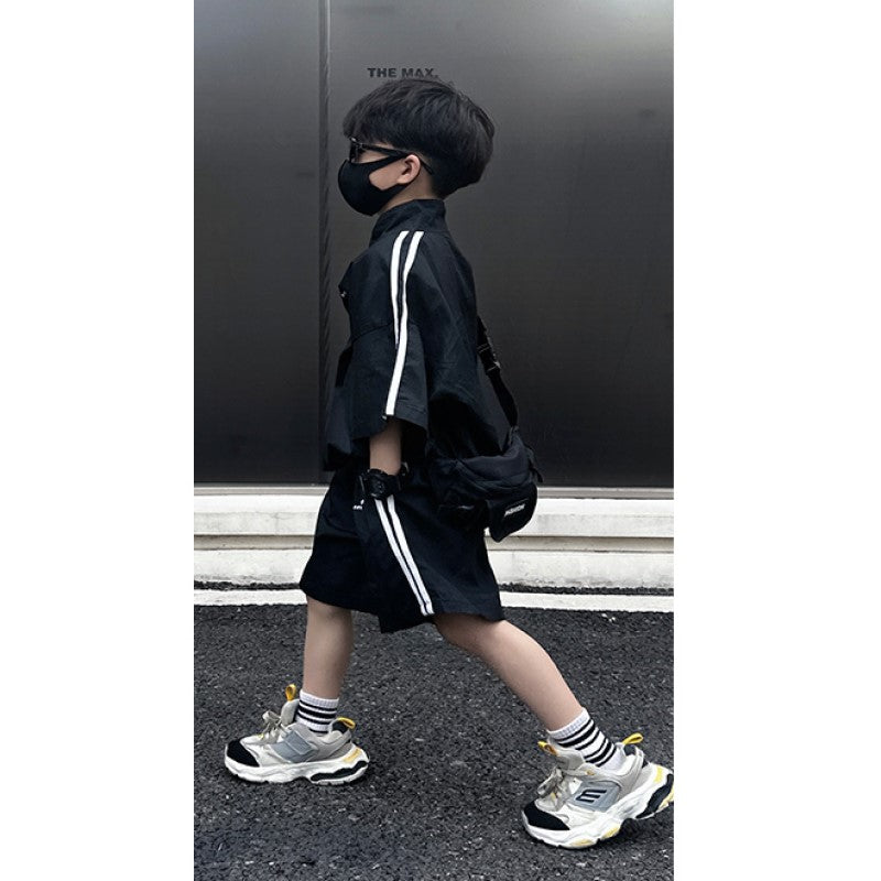 Boys Black & White High Neck Striped Shirt with Shorts
