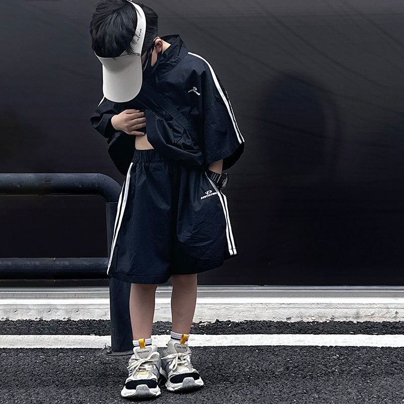Boys Black & White High Neck Striped Shirt with Shorts