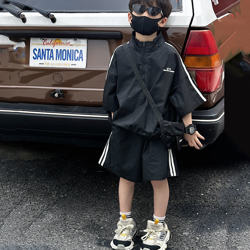 Boys Black & White High Neck Striped Shirt with Shorts