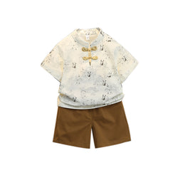 Boys Cream Coloured & Brown Printed Pure Cotton Shirt with Shorts