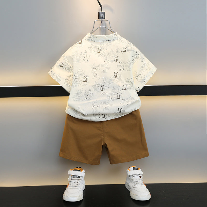 Boys Cream Coloured & Brown Printed Pure Cotton Shirt with Shorts