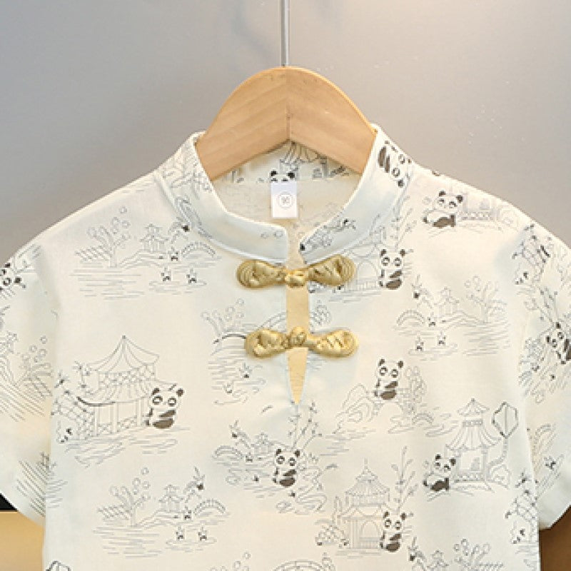 Boys Cream Coloured & Brown Printed Pure Cotton Shirt with Shorts