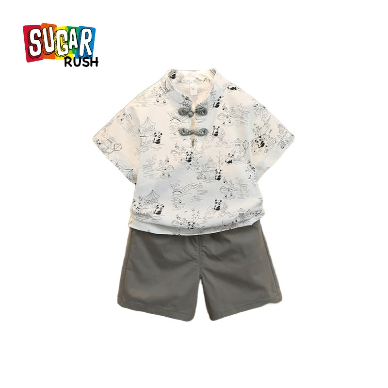 Boys Printed Mandarin Collar Pure Cotton Shirt with Shorts
