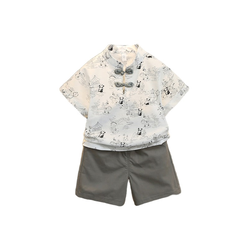 Boys Printed Mandarin Collar Pure Cotton Shirt with Shorts