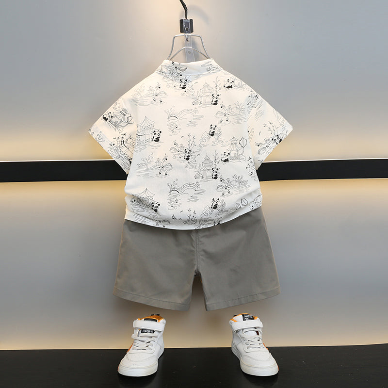 Boys Printed Mandarin Collar Pure Cotton Shirt with Shorts