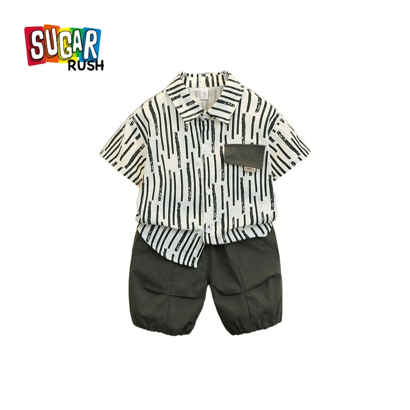 Boys Green & Off White Shirt Collar Printed Shirt with Shorts