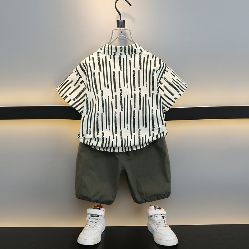 Boys Green & Off White Shirt Collar Printed Shirt with Shorts