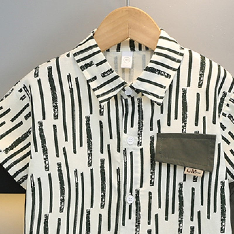 Boys Green & Off White Shirt Collar Printed Shirt with Shorts