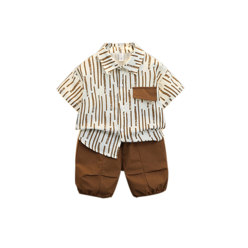 Boys Coffee Brown & White Printed Pure Cotton Shirt with Shorts