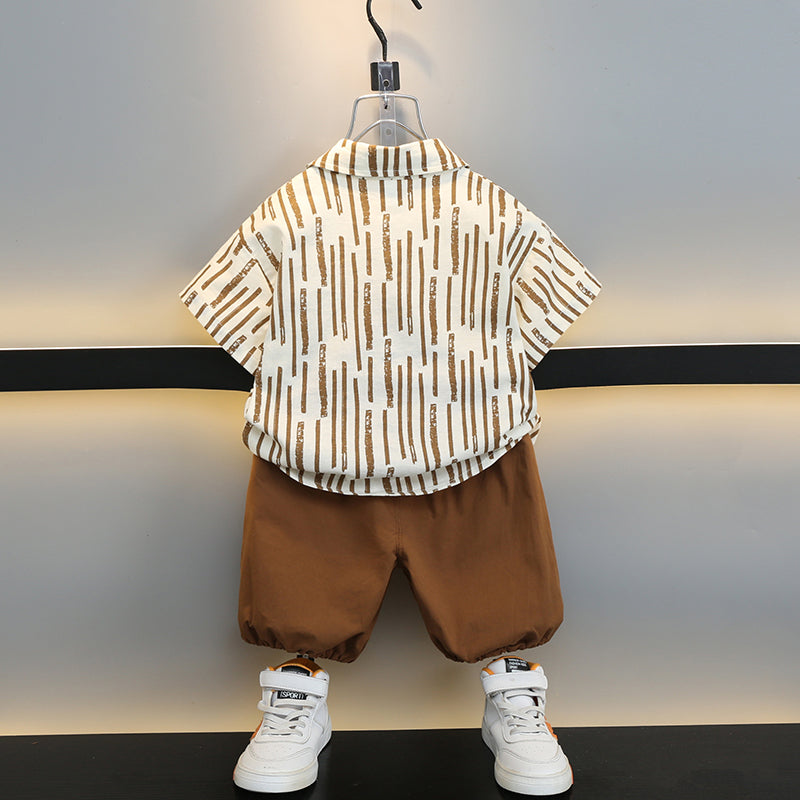 Boys Coffee Brown & White Printed Pure Cotton Shirt with Shorts