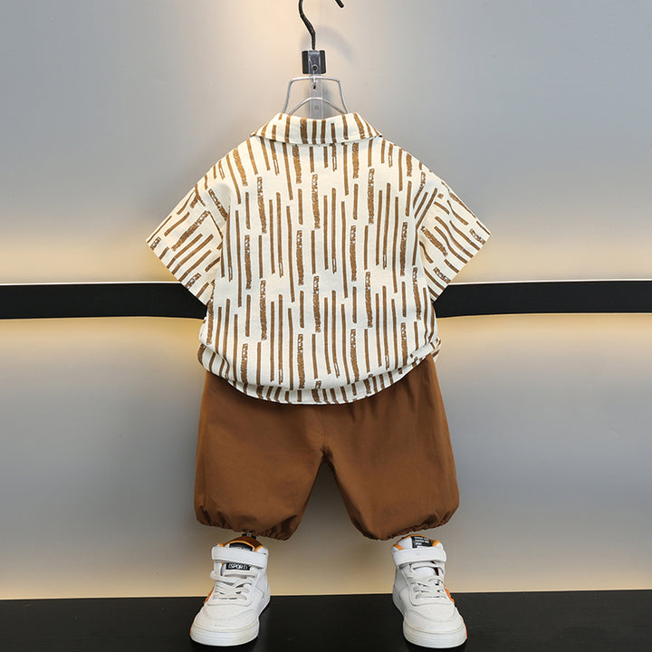 Boys Coffee Brown & White Printed Pure Cotton Shirt with Shorts