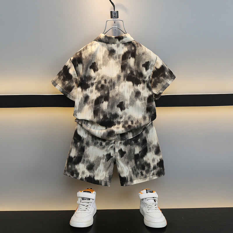 Boys Black & Cream Coloured Dyed Shirt with Shorts