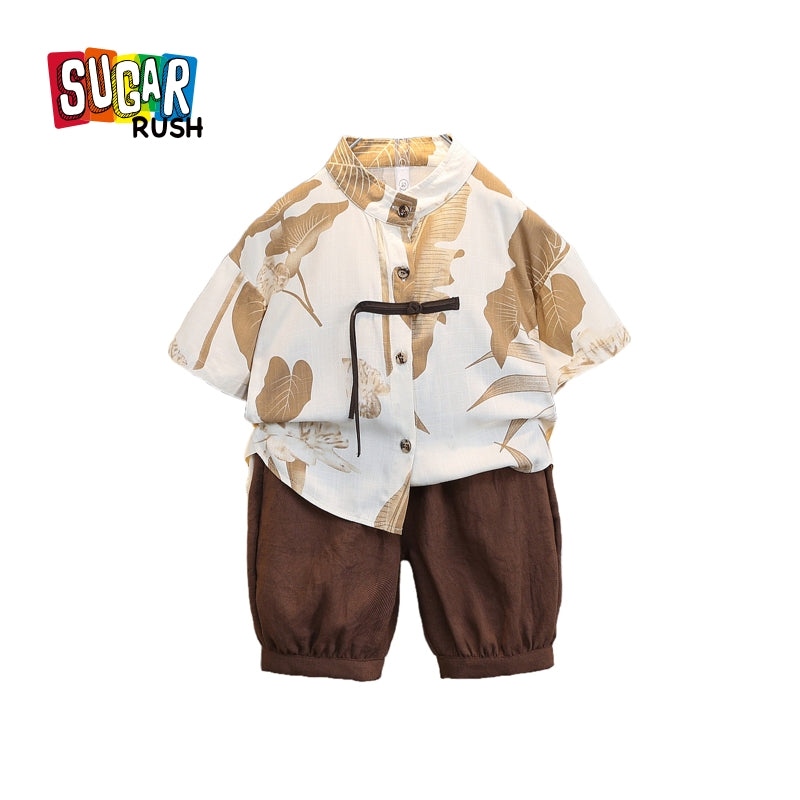 Boys Tropical Printed Mandarin Collar Short Sleeves Shirt with Shorts