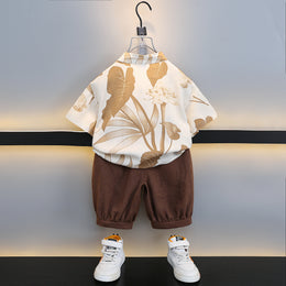 Boys Tropical Printed Mandarin Collar Short Sleeves Shirt with Shorts