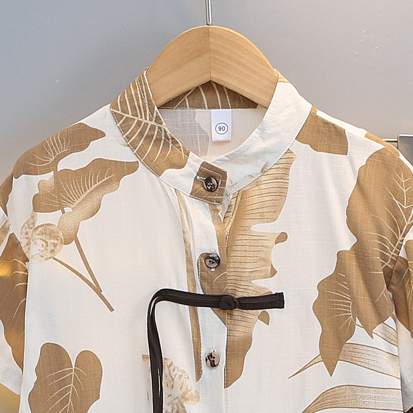 Boys Tropical Printed Mandarin Collar Short Sleeves Shirt with Shorts