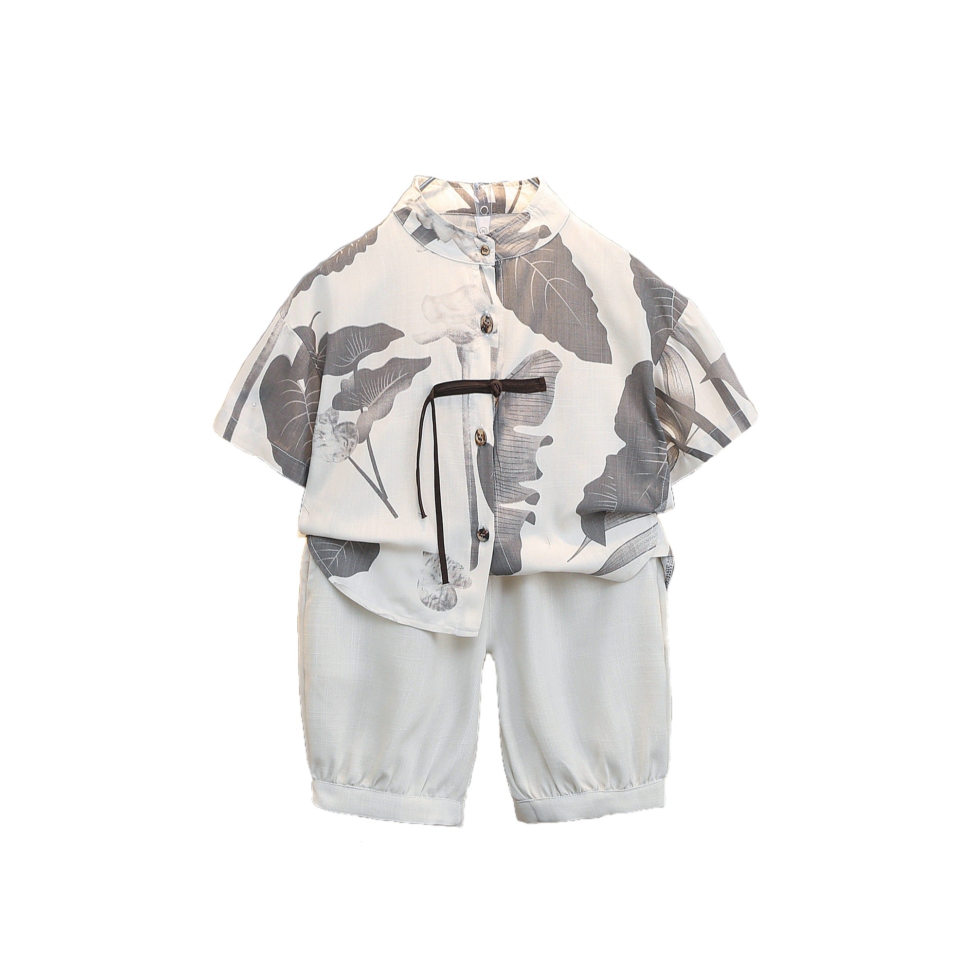 Boys Printed Mandarin Collar Shirt With Short