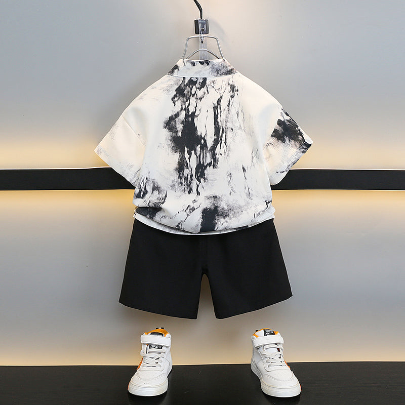 Boys White & Black Dyed Mandarin Collar Shirt & Shorts