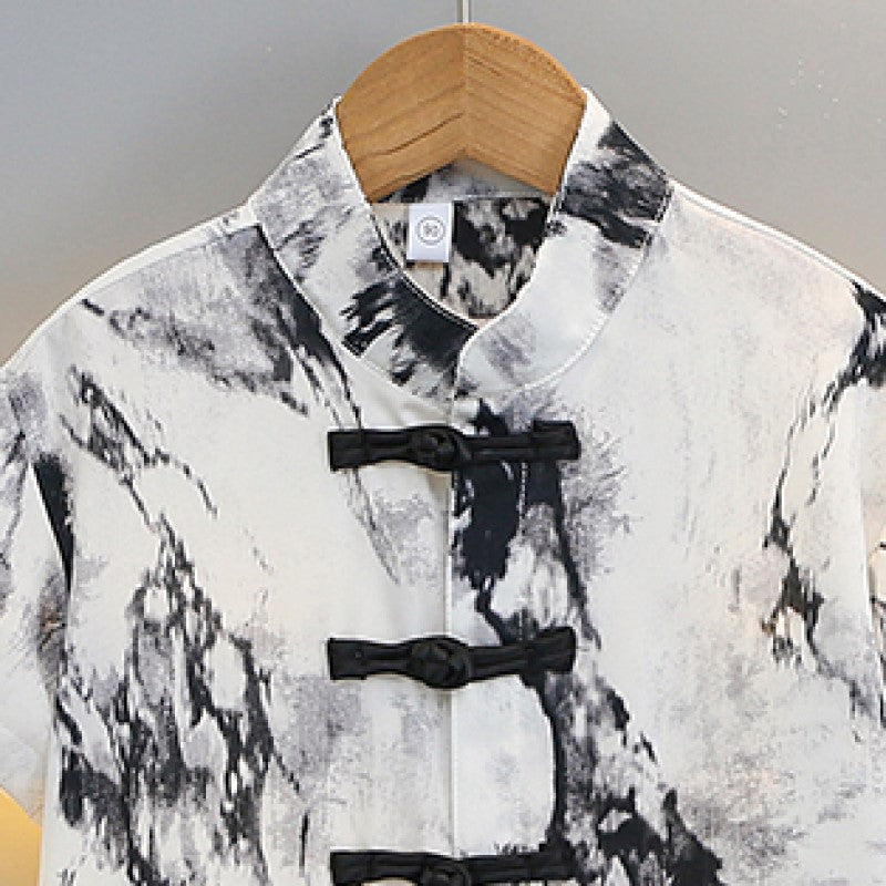 Boys White & Black Dyed Mandarin Collar Shirt & Shorts