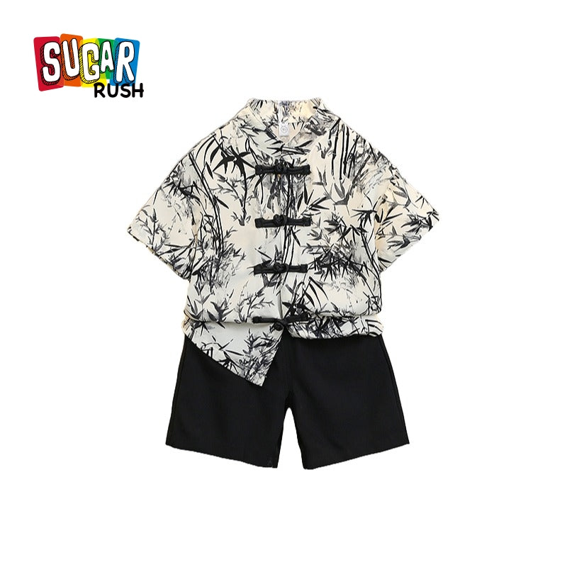 Boys Tropical Printed Mandarin Collar Shirt with Shorts