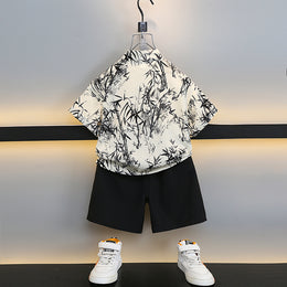 Boys Tropical Printed Mandarin Collar Shirt with Shorts