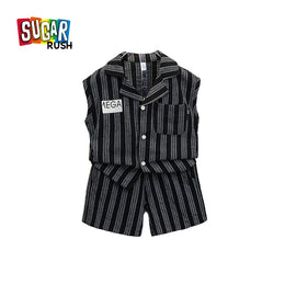 Boys Black & Grey Striped Sleeveless T-shirt with Shorts
