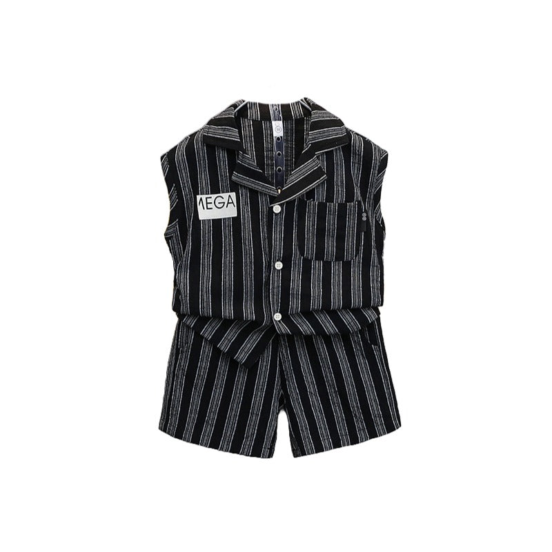 Boys Black & Grey Striped Sleeveless T-shirt with Shorts