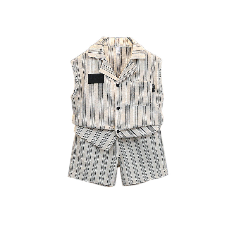 Boys Beige & White Striped Sleeveless Shirt with Shorts