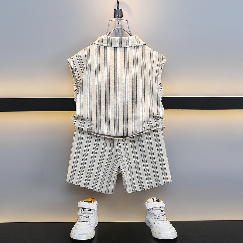Boys Beige & White Striped Sleeveless Shirt with Shorts