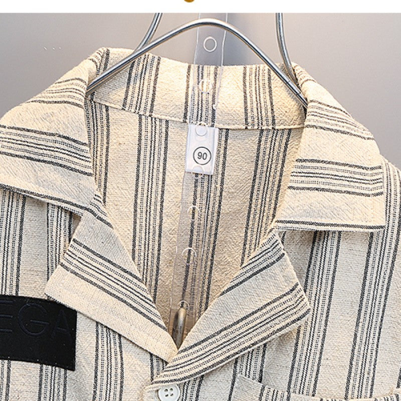 Boys Beige & White Striped Sleeveless Shirt with Shorts