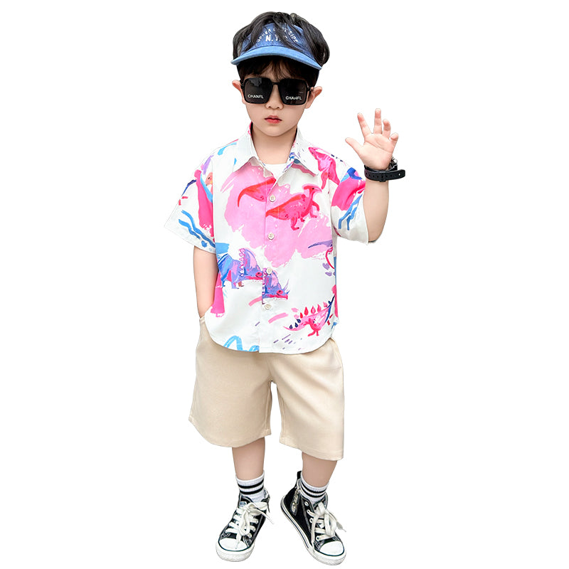 Boys Printed Short Sleeves Shirt Collar Shirt with Shorts