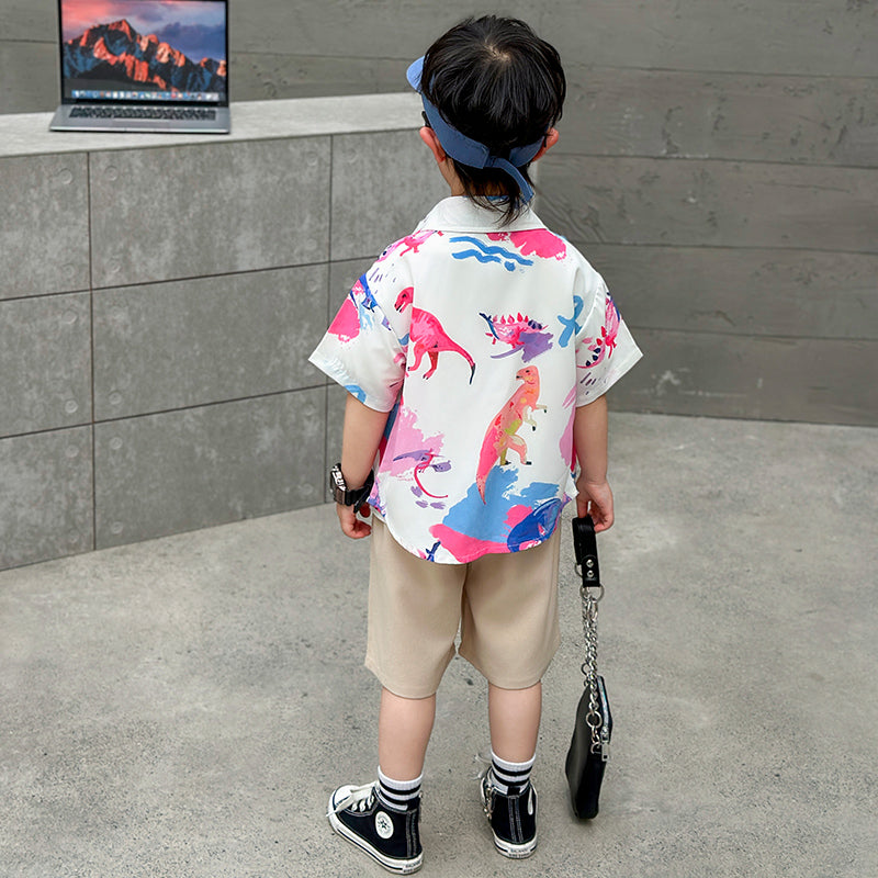 Boys Printed Short Sleeves Shirt Collar Shirt with Shorts
