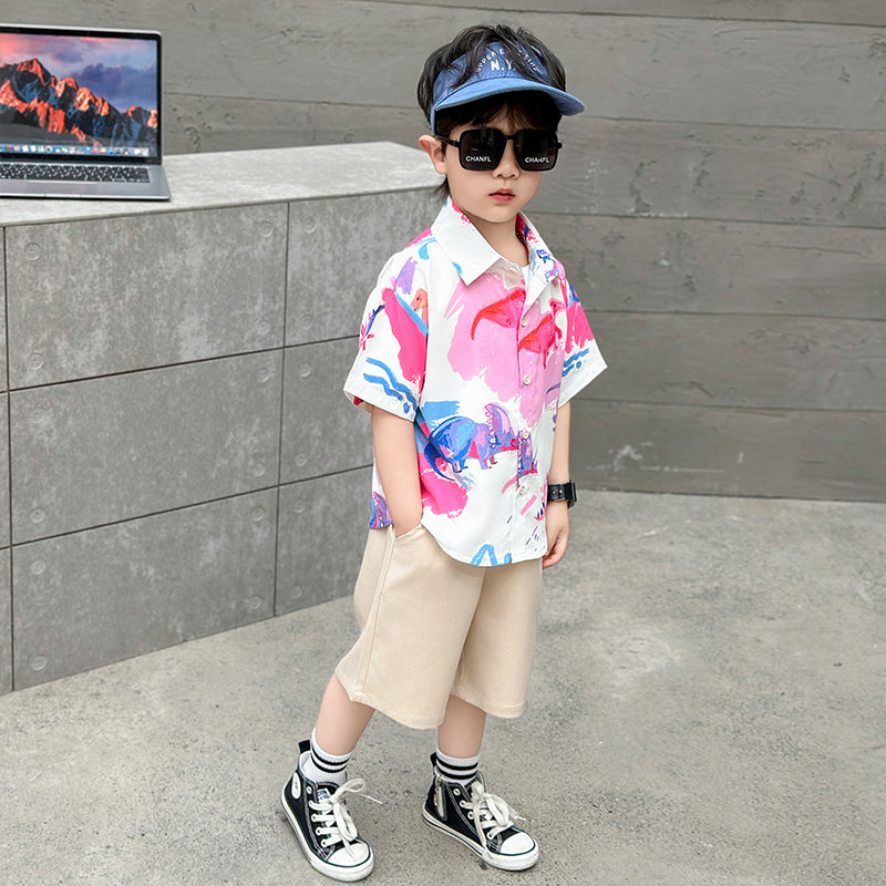 Boys Printed Short Sleeves Shirt Collar Shirt with Shorts