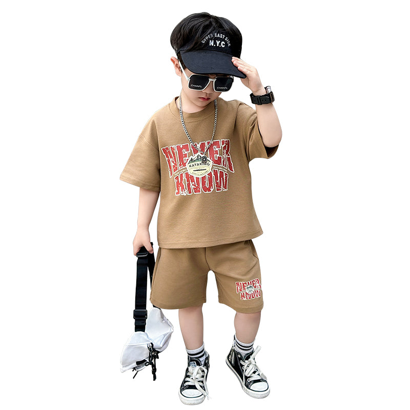 Boys Khaki Colour & Red Printed T-shirt with Shorts
