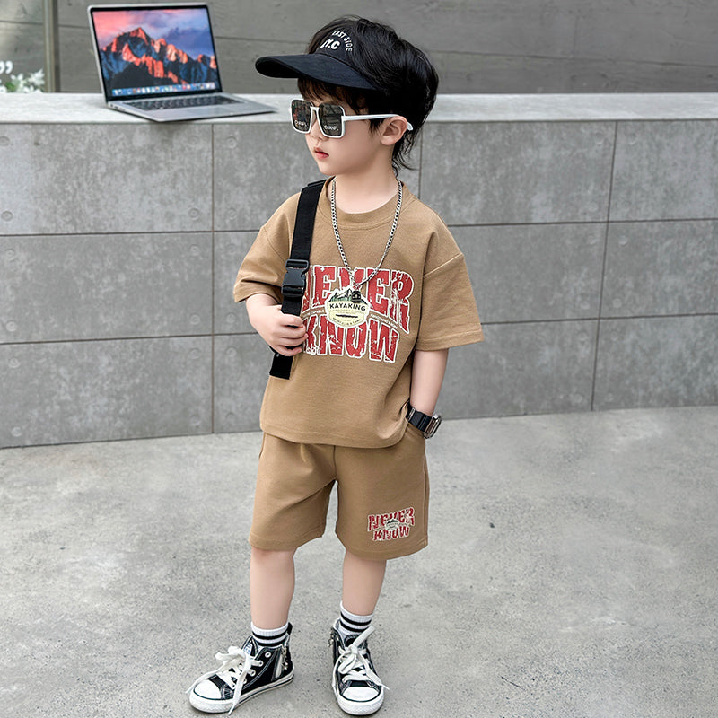 Boys Khaki Colour & Red Printed T-shirt with Shorts