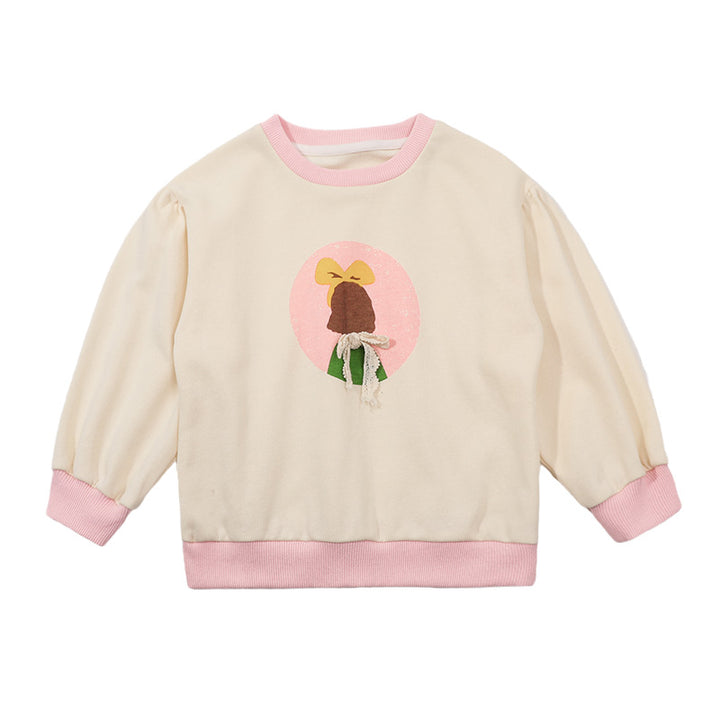 Girls Beige Printed Cotton Sweatshirt