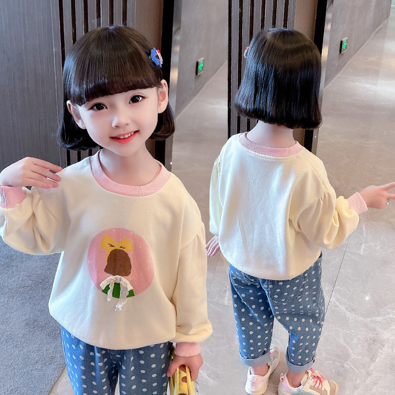 Girls Beige Printed Cotton Sweatshirt
