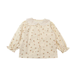 Girls Beige Conversational Printed Peter Pan Collar Cotton Casual Shirt