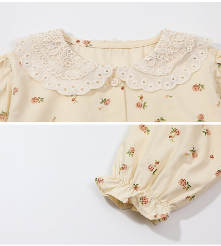 Girls Beige Conversational Printed Peter Pan Collar Cotton Casual Shirt