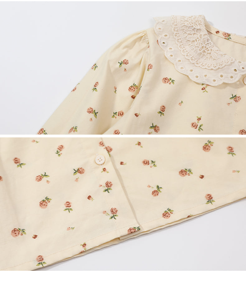 Girls Beige Conversational Printed Peter Pan Collar Cotton Casual Shirt